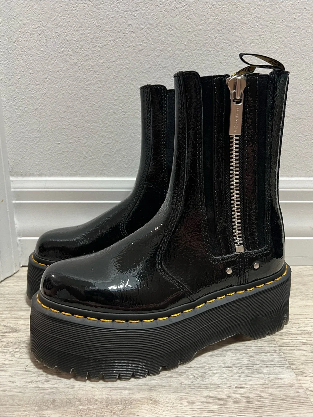 Dr. Martens 2976 Max Distressed Patent Chelsea Platform Boots